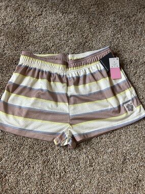 Grayson Threads Striped Mesh Athletic Shorts - Beige, White & Yellow